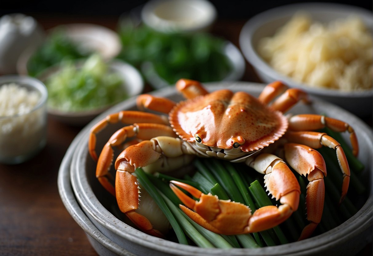 A crab sits in a shallow dish, surrounded by ginger, garlic, and green onions. A steamer basket hovers above, ready to cook