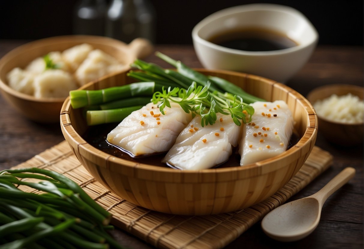 A steaming bamboo basket filled with tender, flaky cod, surrounded by aromatic ginger, scallions, and soy sauce