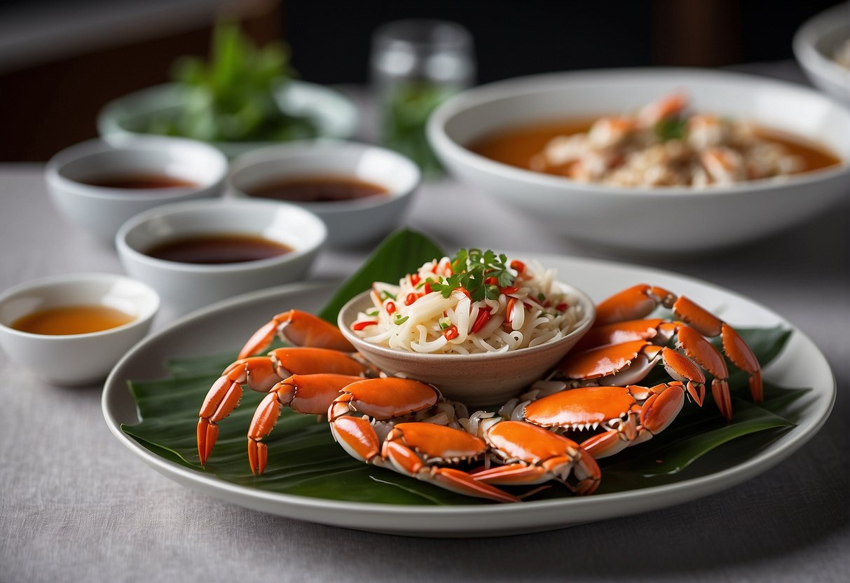 A table set with steamed crab, chopsticks, and dipping sauce