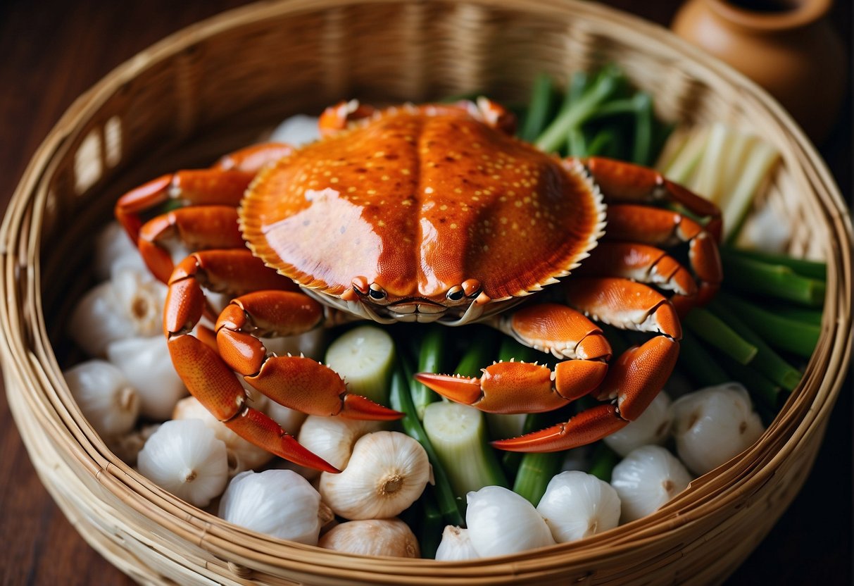 A steaming bamboo basket filled with whole crabs, surrounded by traditional Chinese ingredients like ginger, garlic, and scallions