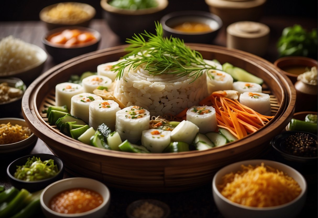 A bamboo steamer filled with various Chinese steamed dishes, surrounded by traditional condiments and garnishes