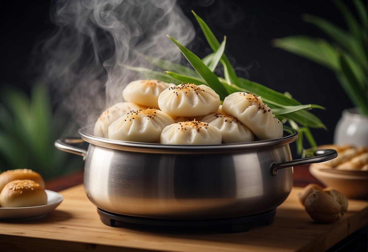 A bamboo steamer sits atop a pot of boiling water, filled with delicate dumplings and buns. Steam rises, carrying the aroma of freshly steamed Chinese dishes