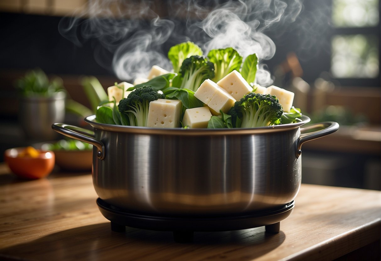 A bamboo steamer sits atop a pot of boiling water, filled with colorful ingredients like bok choy, mushrooms, and tofu, surrounded by a cloud of steam