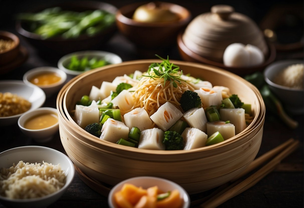 A bamboo steamer filled with various Chinese steamed dishes, surrounded by traditional Chinese ingredients like ginger, garlic, and scallions