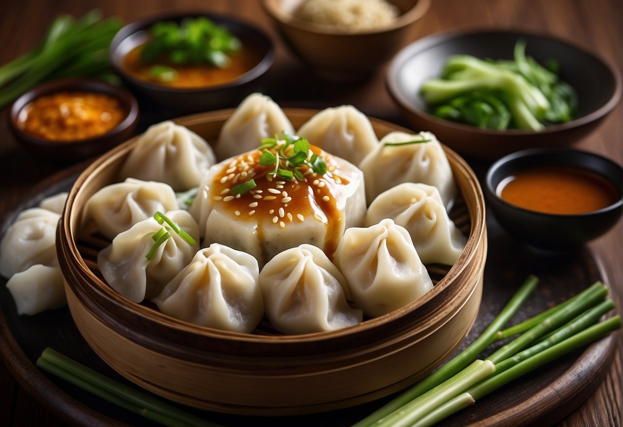A bamboo steamer filled with freshly steamed Chinese dumplings, surrounded by a variety of dipping sauces and garnished with sliced green onions