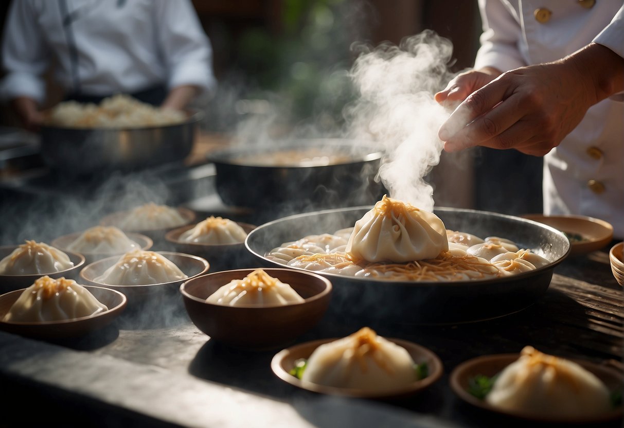 Steam rises from bamboo steamers, filled with delicate Chinese dumplings and buns. A chef's hand reaches for a plate, ready to serve the steaming dishes