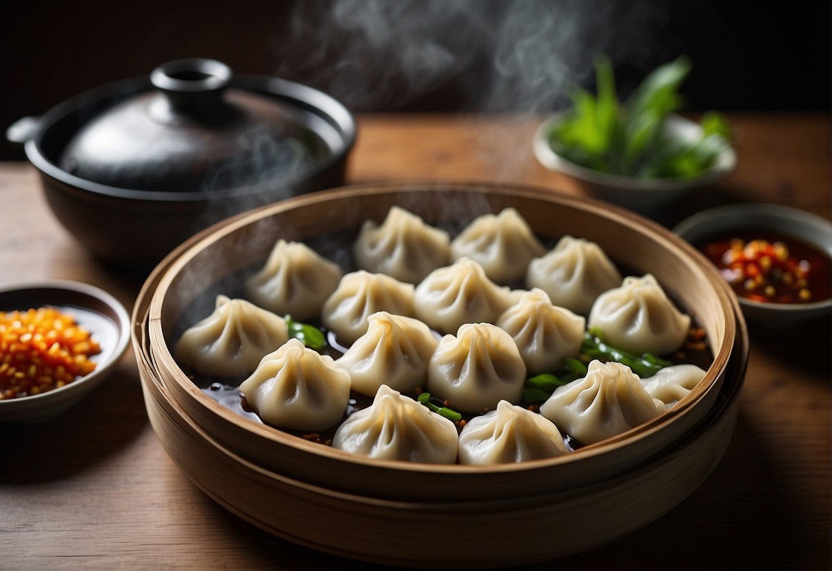 A bamboo steamer filled with freshly steamed Chinese dumplings, surrounded by small dishes of soy sauce and chili oil
