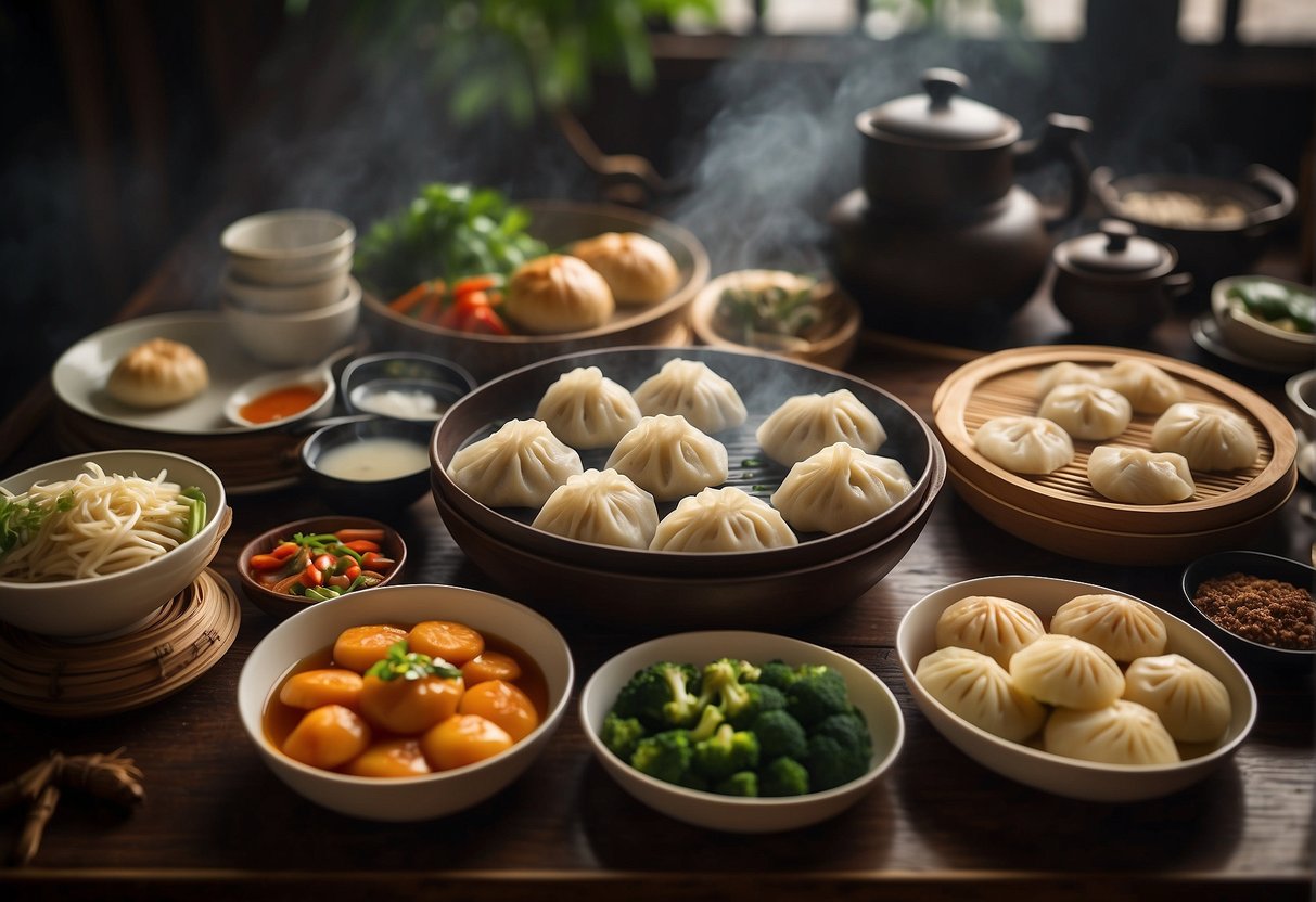 A table set with a variety of Chinese steamed dishes, including dumplings, buns, and vegetables, surrounded by bamboo steamers and traditional Chinese serving utensils