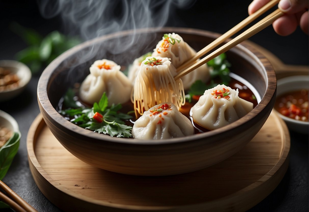 A pair of chopsticks lifting a steaming Chinese dumpling from a bamboo steamer. Soy sauce and chili oil on the side