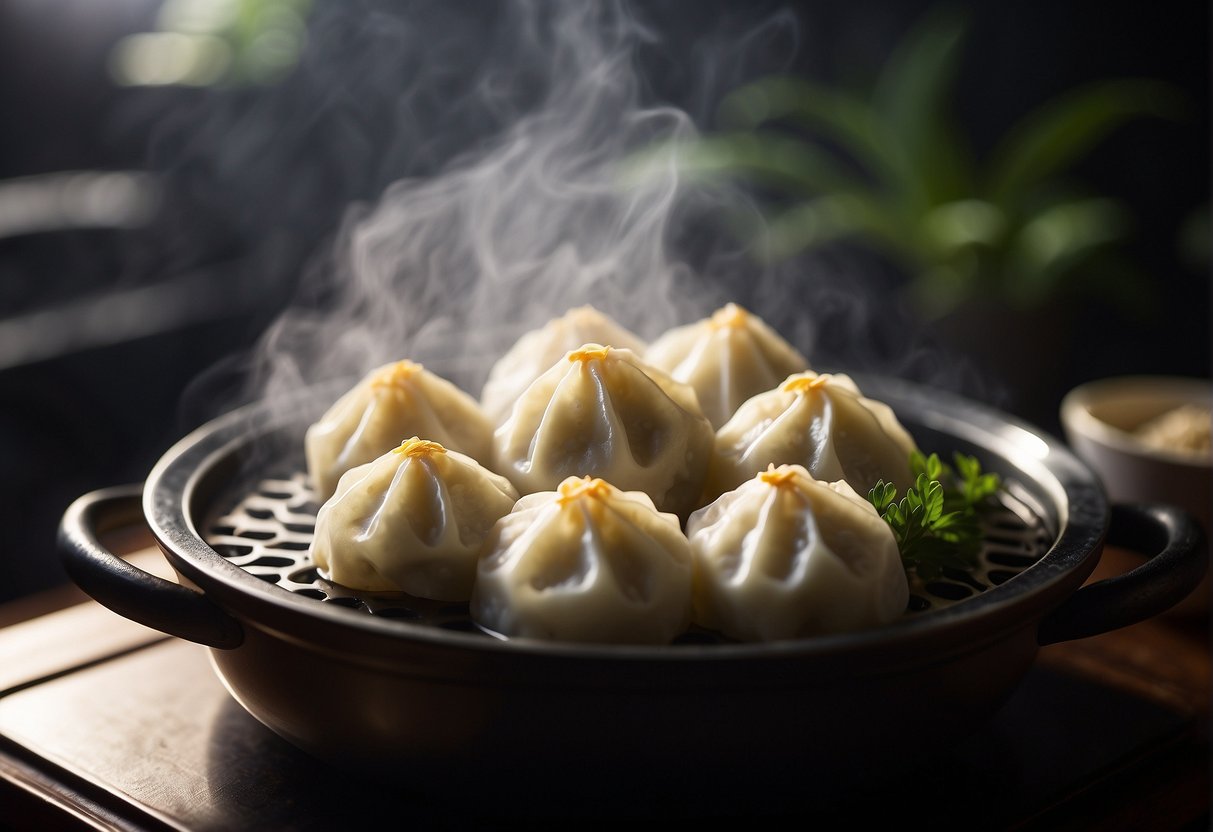 A bamboo steamer sits atop a pot of boiling water, with plump, steaming Chinese dumplings nestled inside