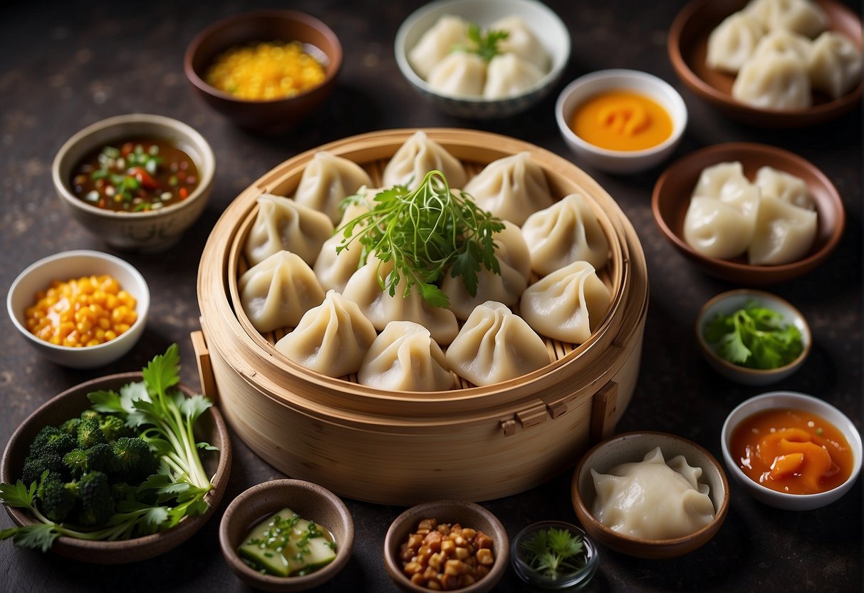 A bamboo steamer filled with various types of Chinese steamed dumplings, surrounded by traditional condiments and garnishes