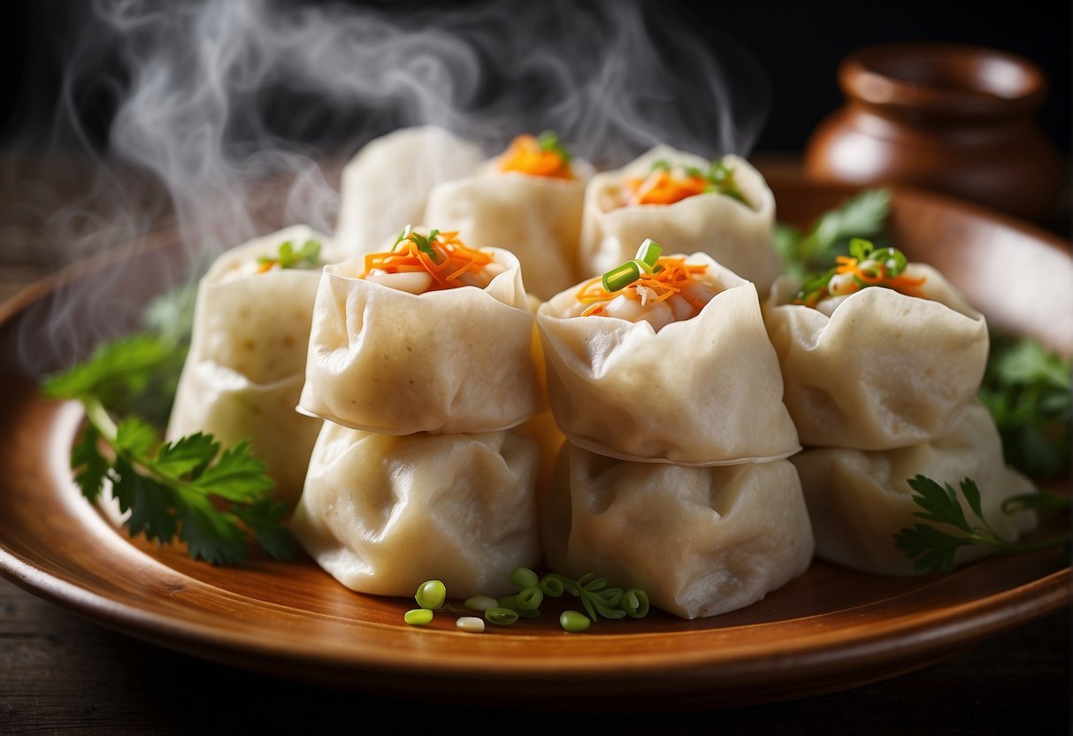 A bamboo steamer filled with freshly steamed Chinese dumplings, steam rising from the delicate parcels, surrounded by dipping sauces and garnishes