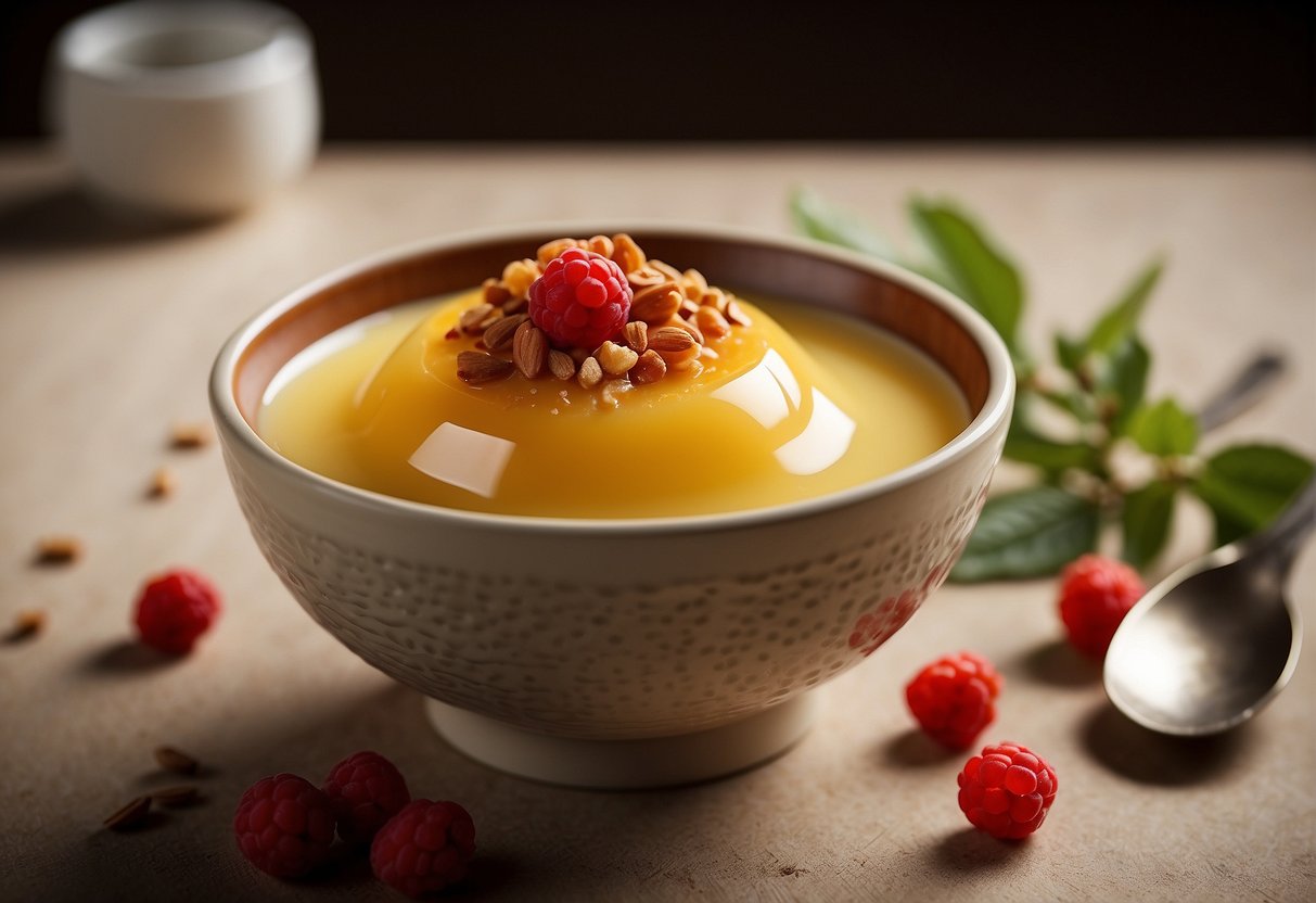 A small ceramic bowl filled with smooth, golden Chinese steamed egg dessert, topped with a sprinkle of brown sugar and a few red goji berries