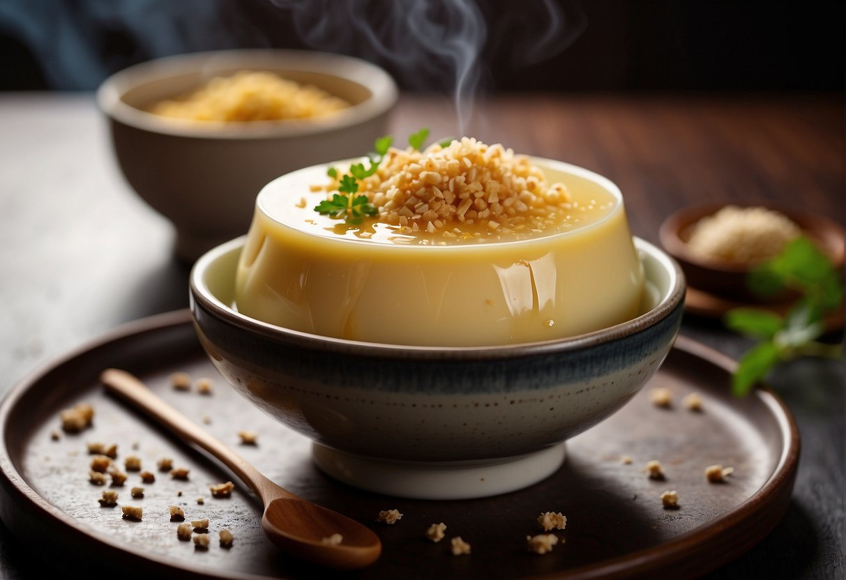 A steaming bowl of Chinese steamed egg dessert, topped with a sprinkle of brown sugar and a few slivers of fresh ginger