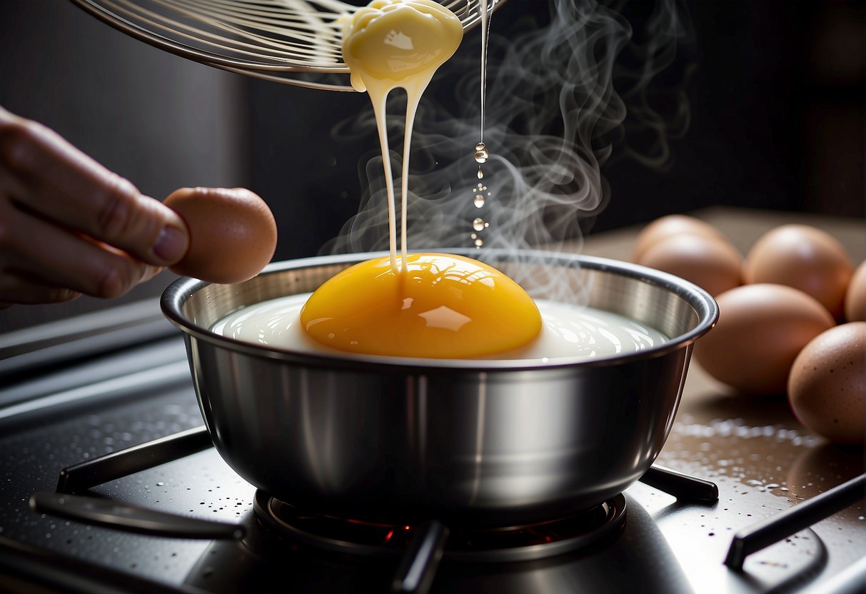 A hand whisking together eggs, sugar, and water in a bowl. Steam rises from a pot on the stove. Ingredients for the dessert sit nearby