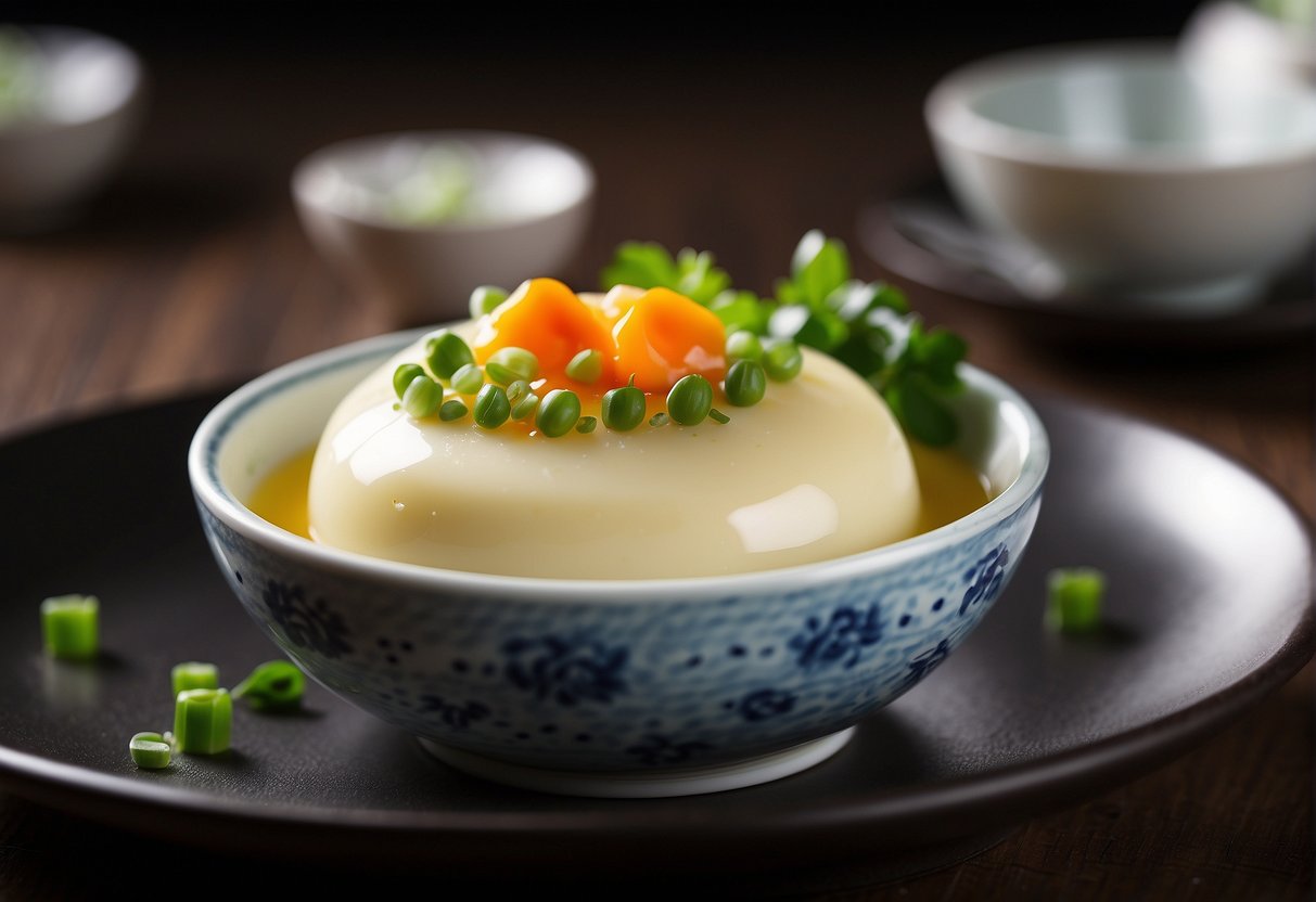 A small, round, white porcelain dish filled with smooth and silky Chinese steamed egg dessert, garnished with a sprinkle of chopped green scallions on top
