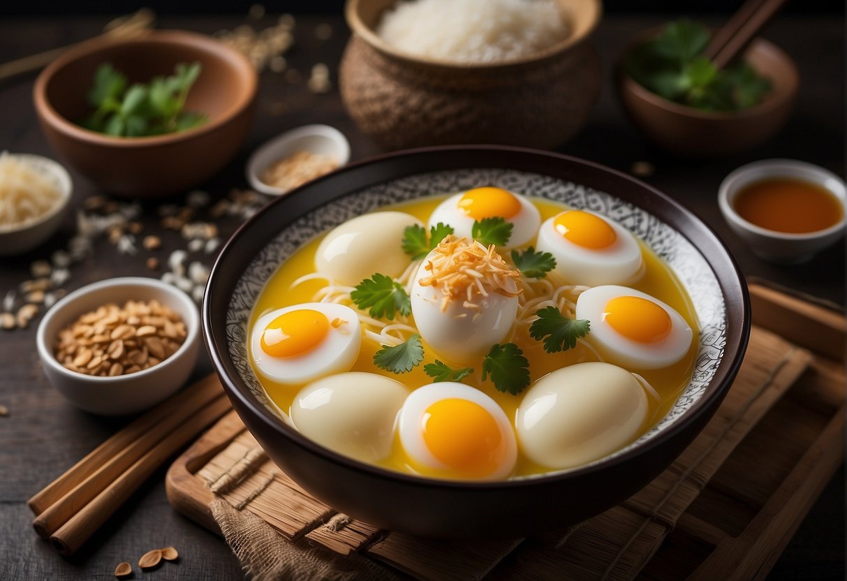 A steaming bowl of Chinese egg dessert, surrounded by ingredients and utensils, with a recipe book open to the "Frequently Asked Questions" page