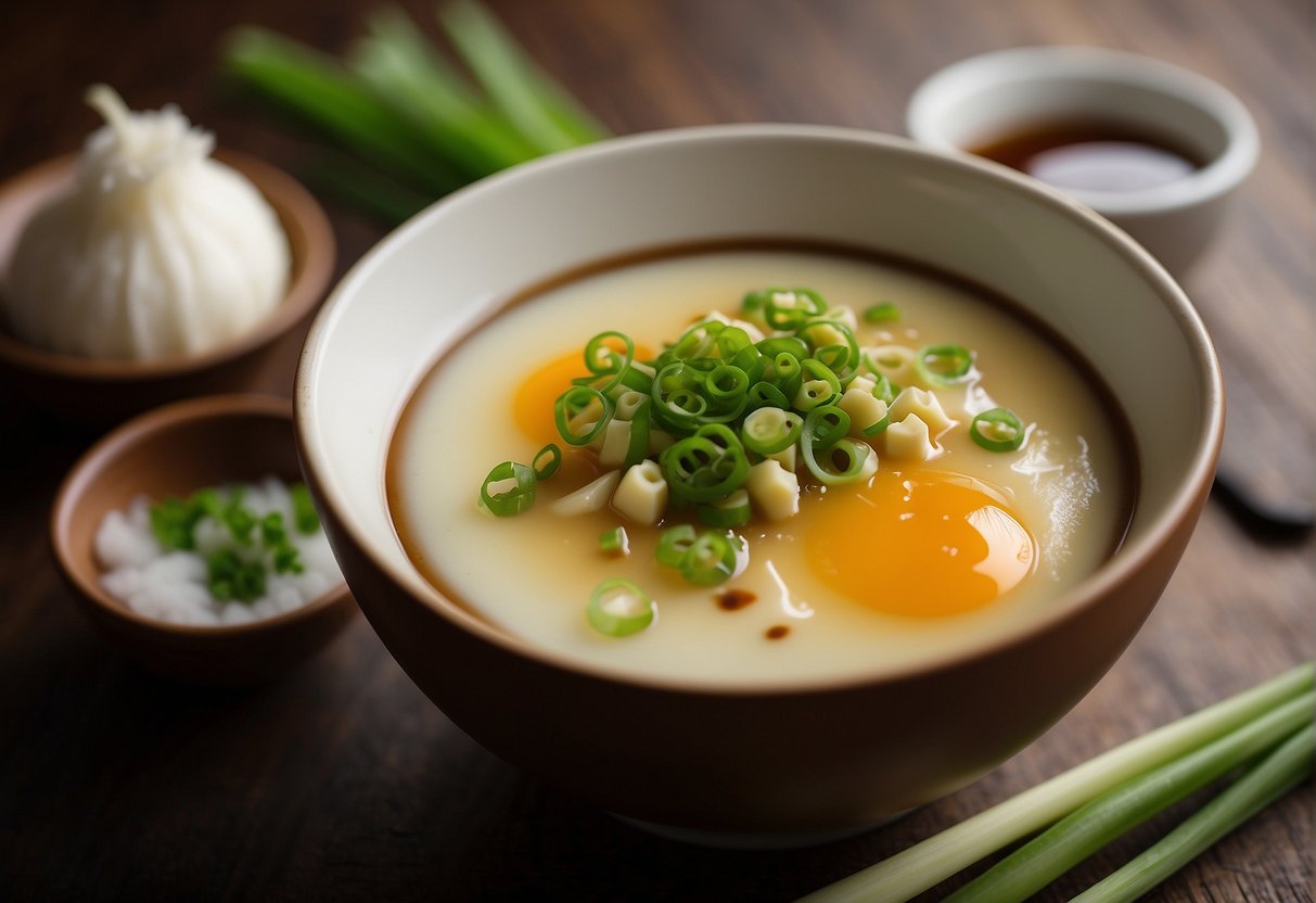 A steaming hot bowl of Chinese steamed egg sits on a wooden table, garnished with green onions and a drizzle of soy sauce