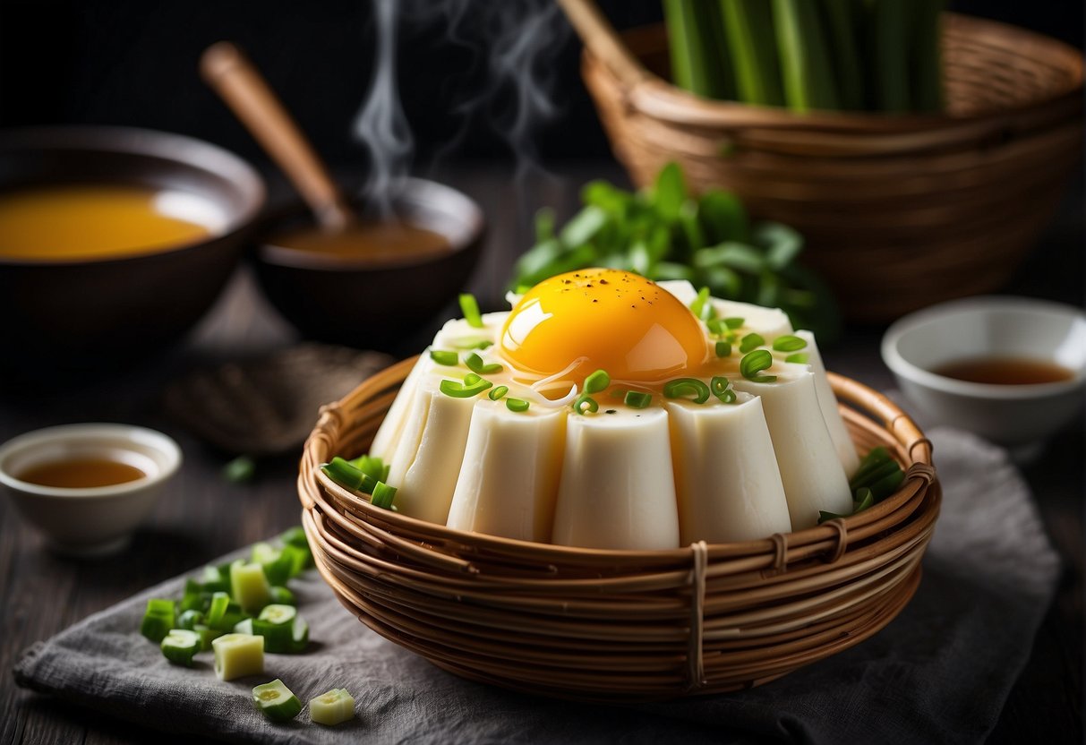 A steaming bamboo basket filled with silky tofu and beaten eggs, garnished with green onions and drizzled with savory soy sauce