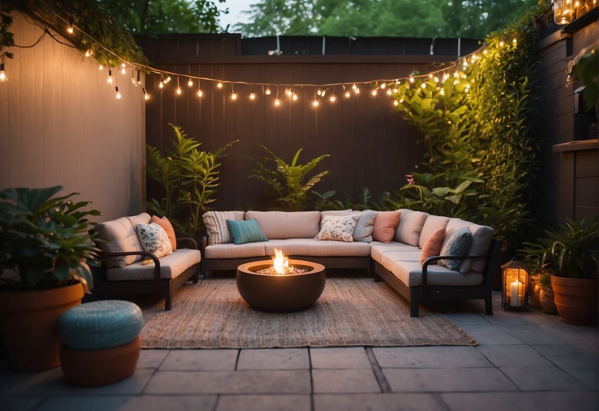A cozy outdoor patio with string lights, comfortable seating, and a fire pit surrounded by lush greenery and colorful potted plants