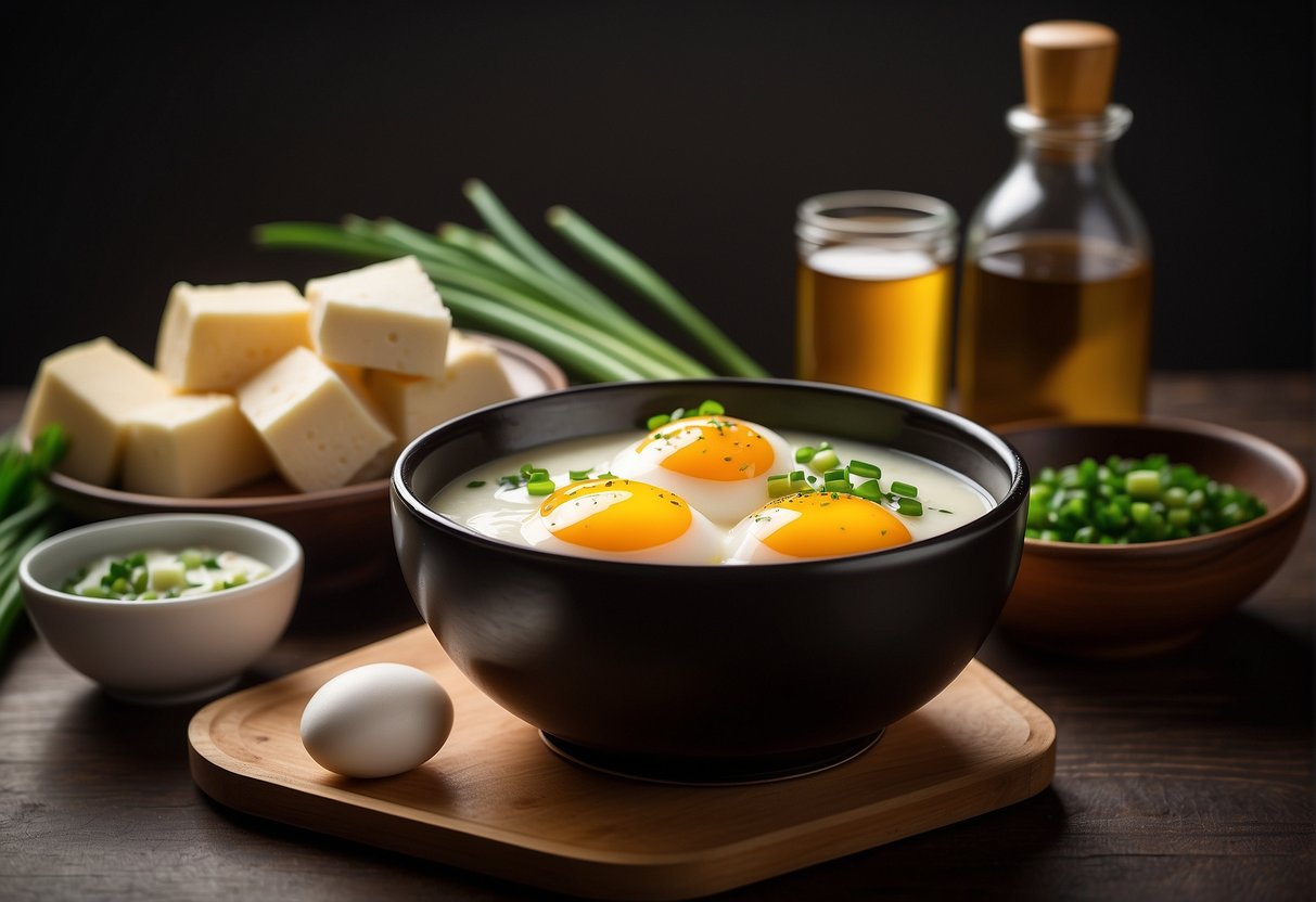 A table with a bowl of silken tofu, eggs, soy sauce, and green onions. A bottle of sesame oil and a steamer basket are nearby