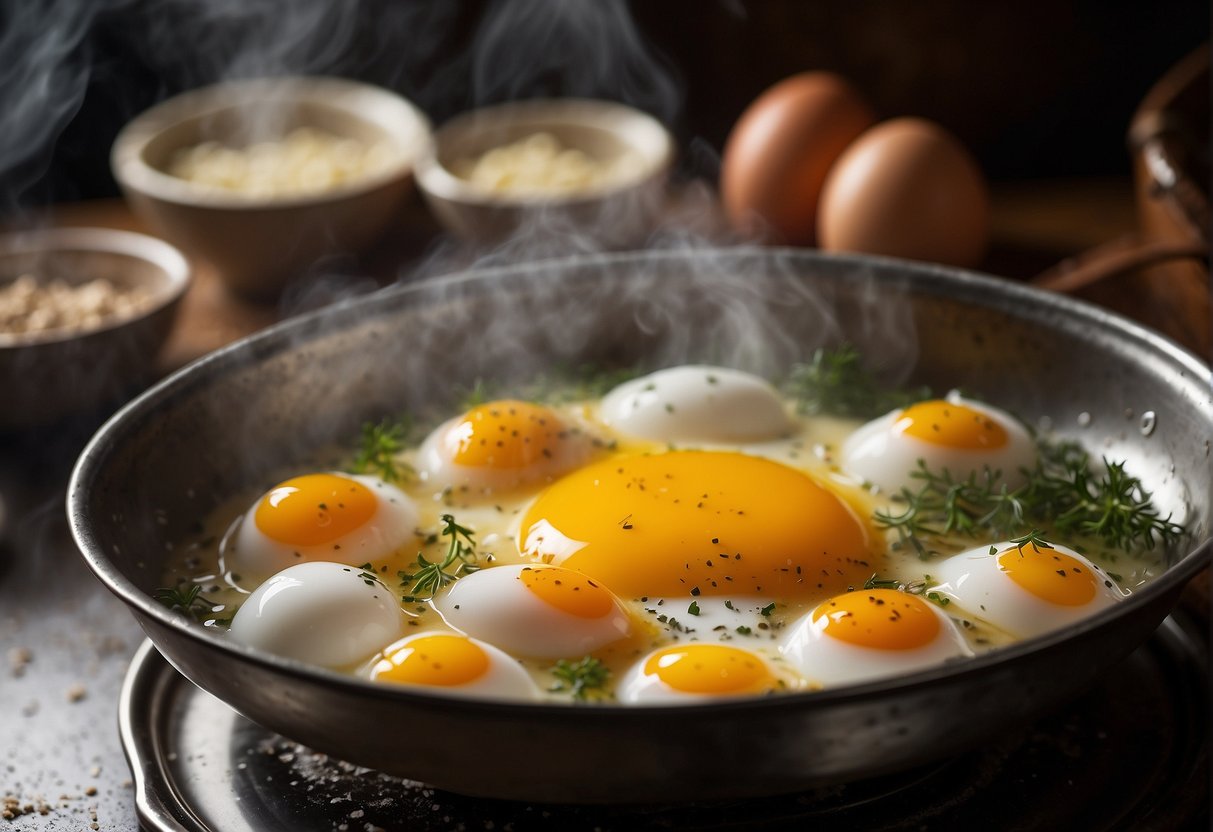 A bowl of beaten eggs mixed with water and seasonings, placed in a steamer over simmering water