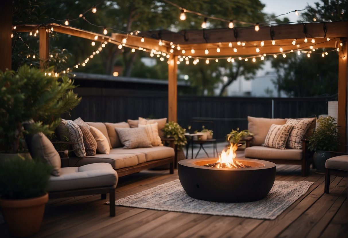 A cozy outdoor patio with a wooden deck, string lights, potted plants, and comfortable seating. A small fire pit and a dining area complete the inviting space