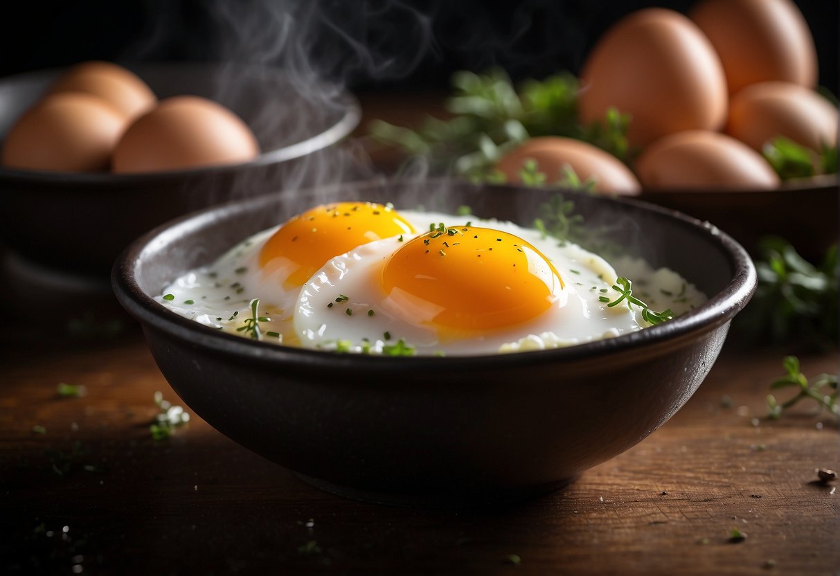 A bowl of beaten eggs mixed with water and seasoning, placed in a steaming dish over boiling water