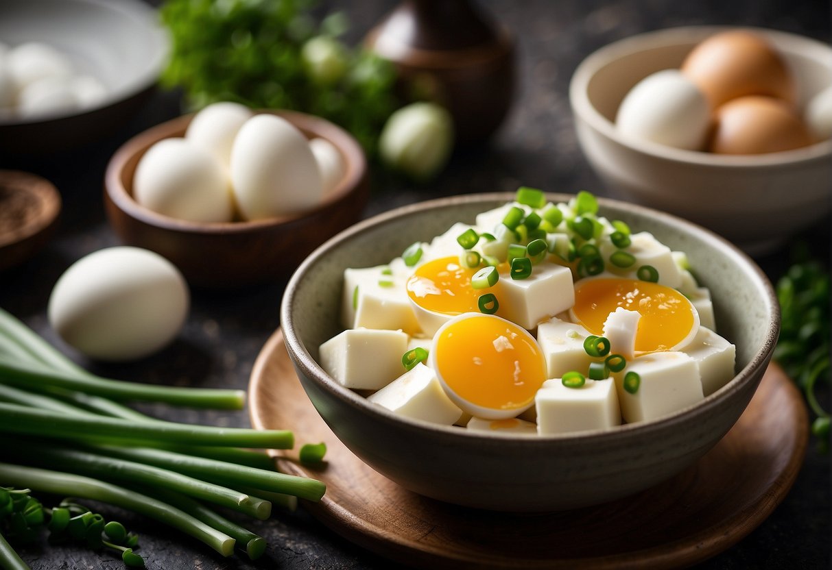 A bowl of silken tofu, beaten eggs, soy sauce, and chopped green onions arranged on a kitchen counter