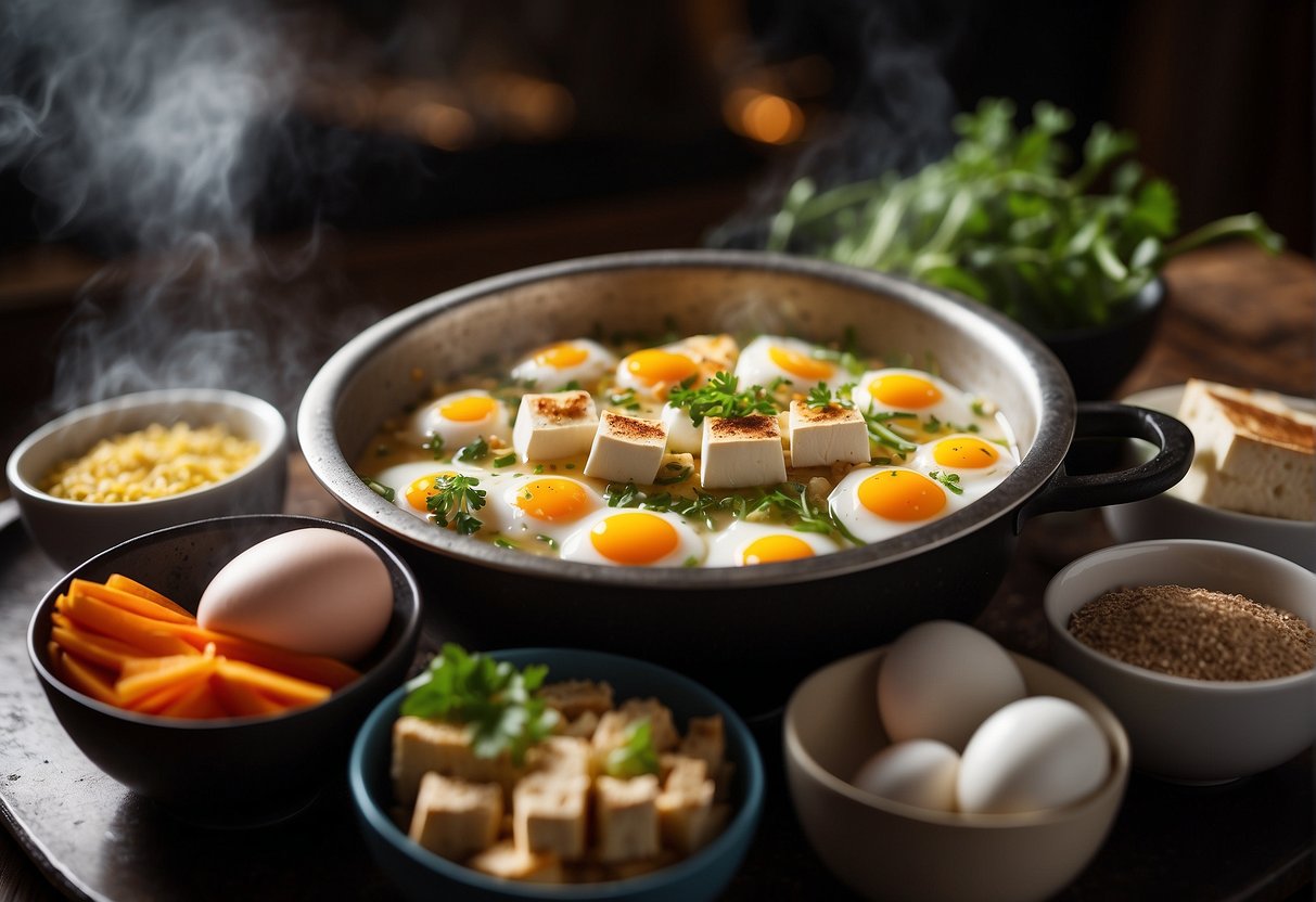 A steaming basket filled with tofu and eggs, surrounded by bowls of seasoning and a pot of boiling water
