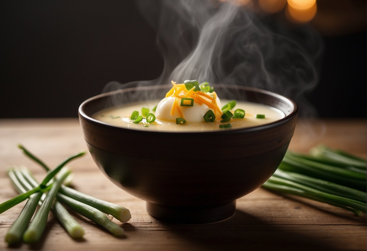 A steaming hot bowl of Chinese steamed egg sits on a wooden table, garnished with a sprinkle of green onions and a drizzle of soy sauce