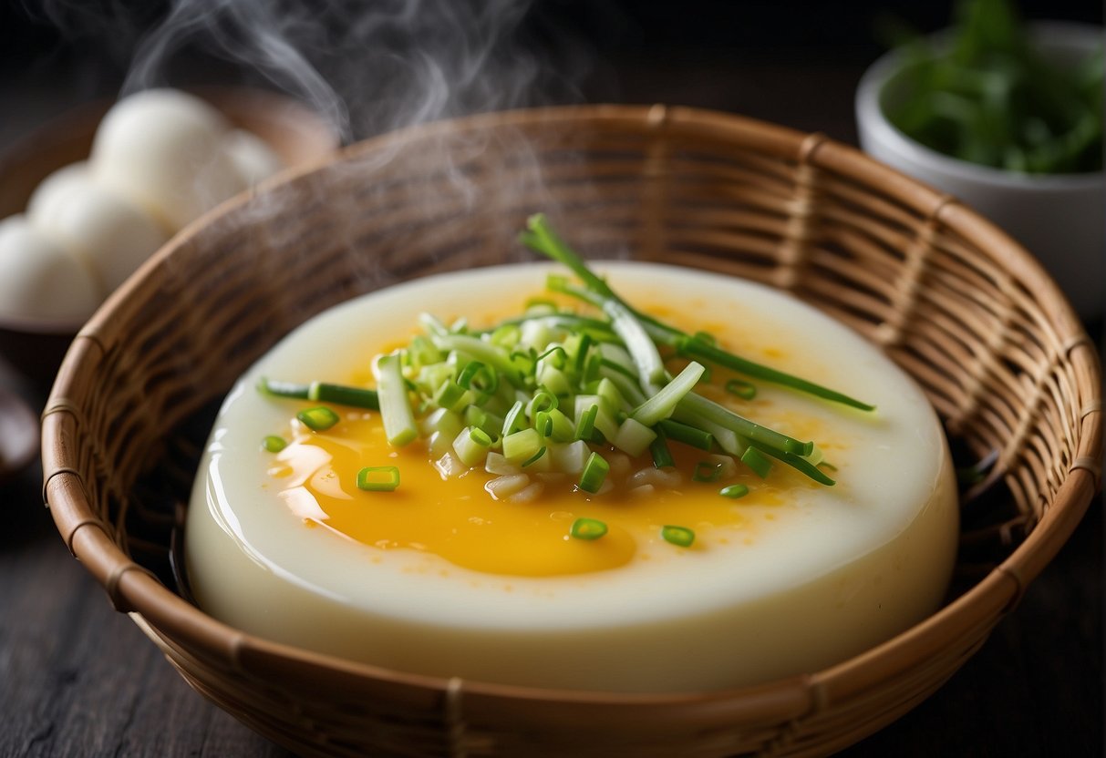 A steaming bamboo basket filled with a delicate, smooth Chinese steamed egg, garnished with green onions and a drizzle of soy sauce