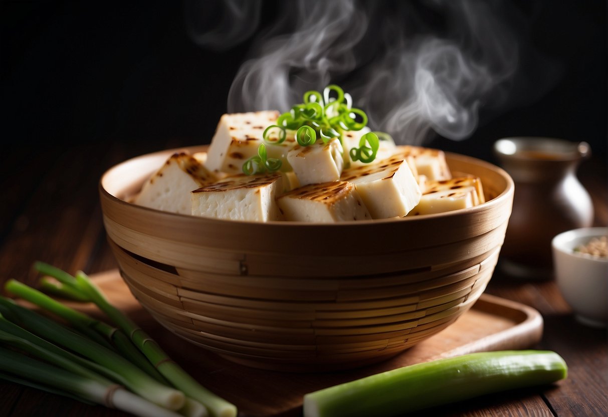 A steaming bamboo basket filled with delicate slices of tofu and garnished with green onions and soy sauce