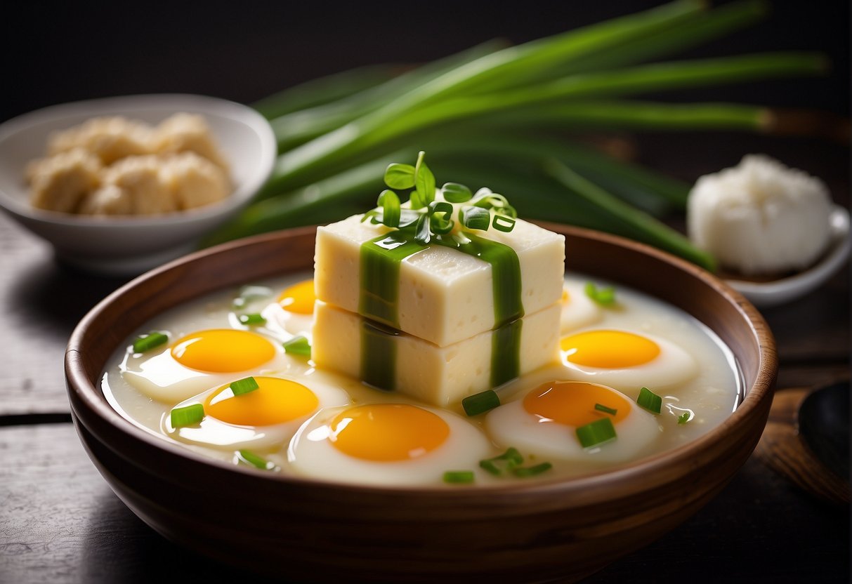 A steaming bamboo basket filled with freshly made Chinese steamed egg tofu, garnished with chopped green onions and a drizzle of soy sauce
