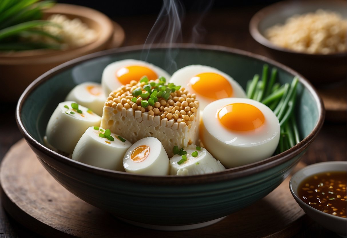 A steaming basket filled with silken tofu and eggs, surrounded by bowls of soy sauce, sesame oil, and green onions