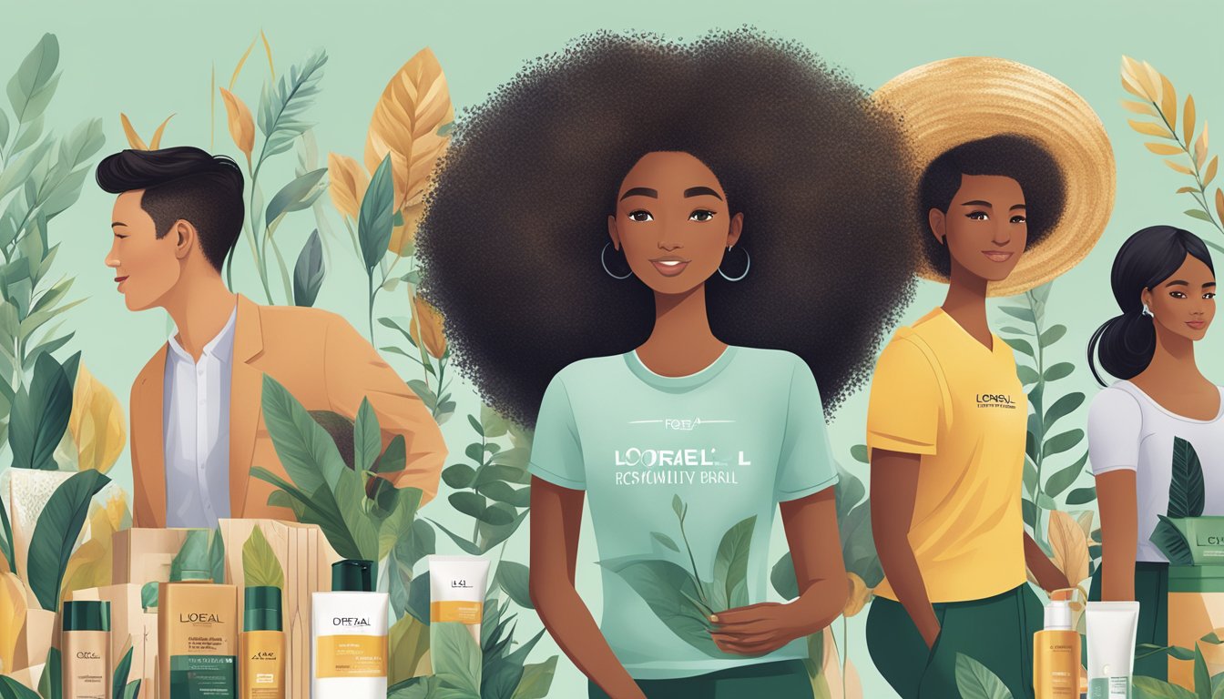 L'oreal's sustainability and social responsibility brands displayed with eco-friendly packaging and diverse community support