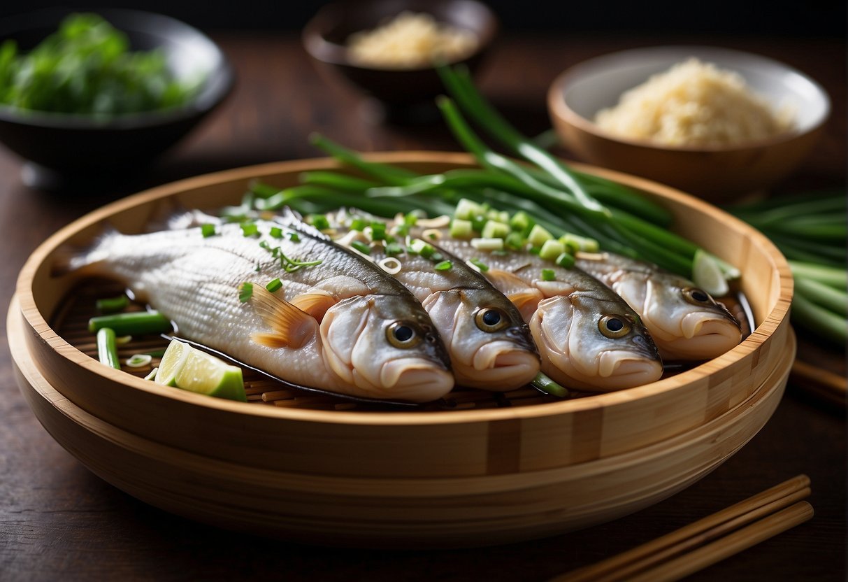 A whole fish fillet steaming in a bamboo steamer, surrounded by slices of ginger, green onions, and drizzled with soy sauce