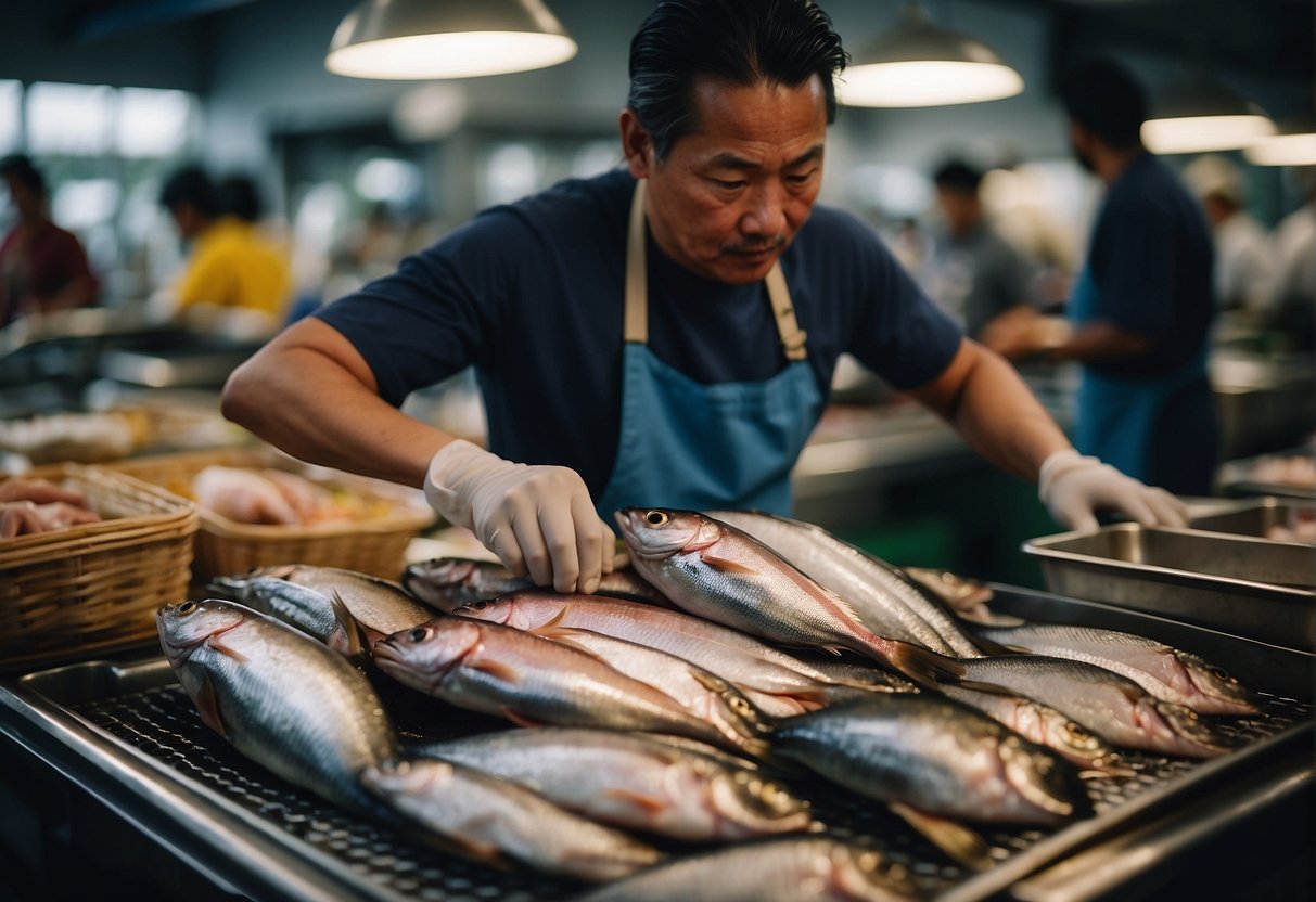 A hand reaches for a fresh whole fish at a bustling seafood market. The fishmonger carefully fillets the fish, selecting the perfect cut for a Chinese steamed fish recipe