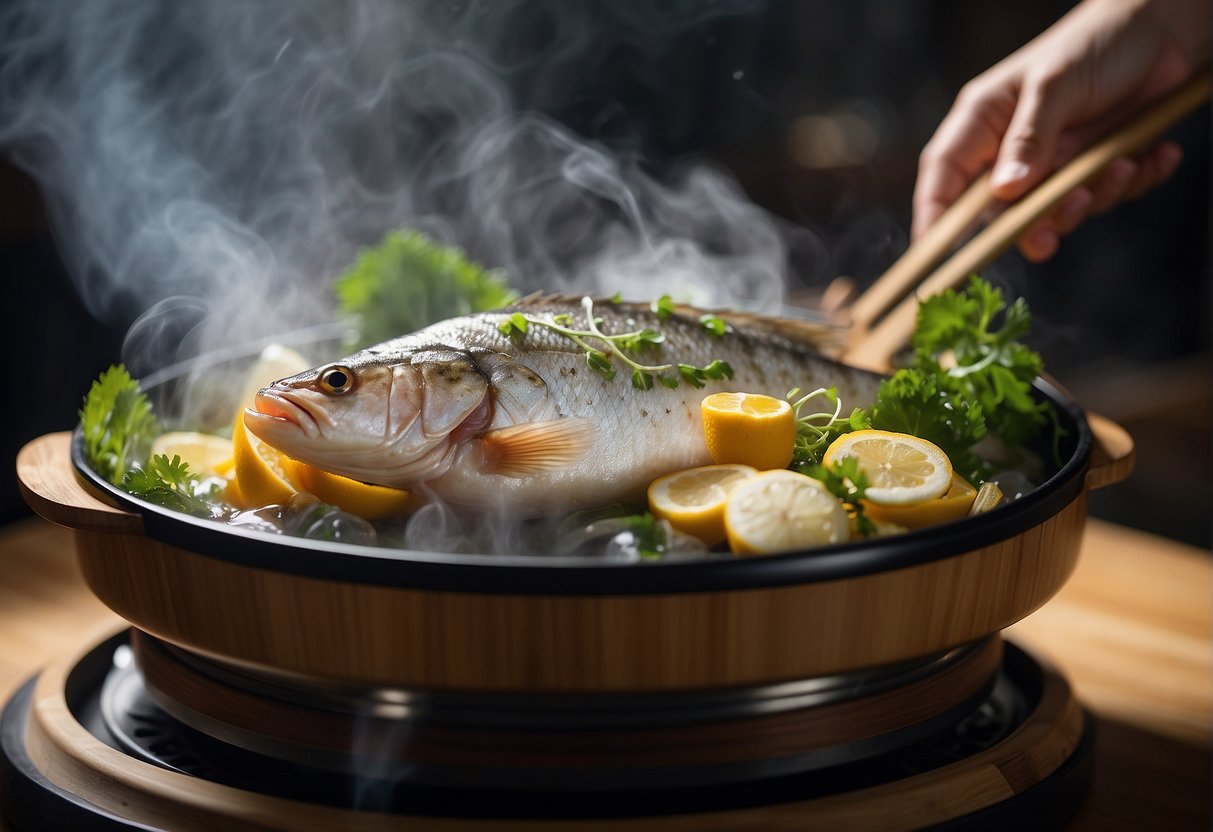 A whole fish fillet is placed in a bamboo steamer over boiling water, emitting steam. The aroma of ginger and soy sauce fills the air