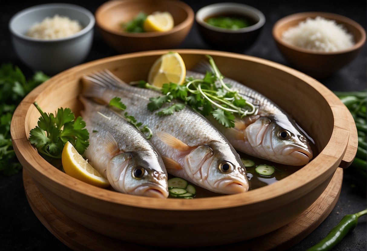 A whole fish fillet is being steamed in a bamboo steamer, surrounded by slices of ginger, scallions, and cilantro. A mixture of soy sauce, sesame oil, and rice wine is being drizzled over the fish