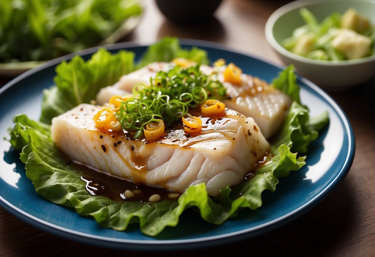 A steaming hot plate of Chinese steamed fish fillet, garnished with ginger, scallions, and soy sauce, sitting on a bed of vibrant green lettuce leaves
