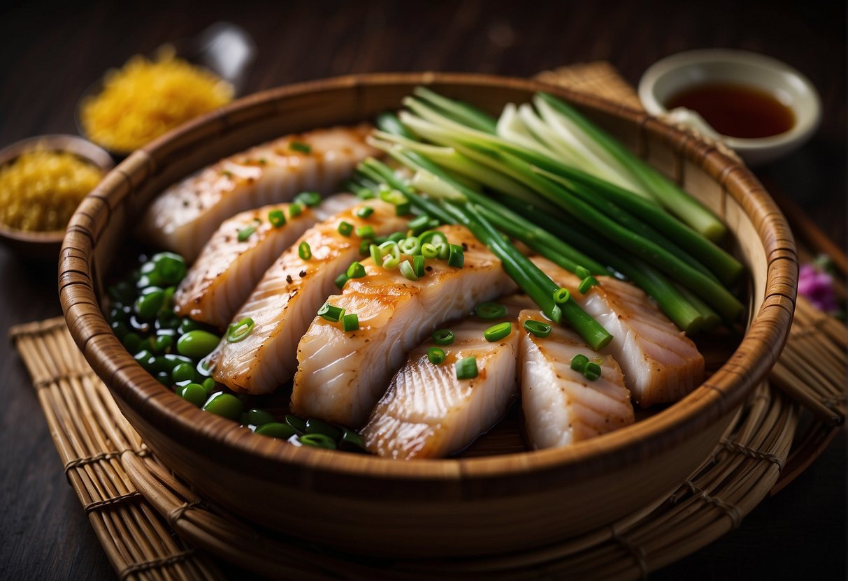 A steaming bamboo basket filled with tender fish fillets, surrounded by ginger, scallions, and a savory soy-based sauce