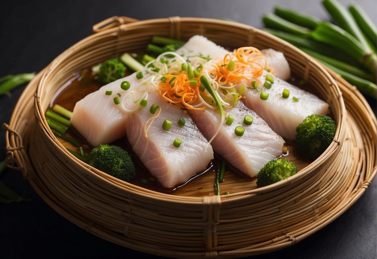 A steaming bamboo basket filled with tender fish fillets, surrounded by aromatic ginger, scallions, and a savory soy-based sauce