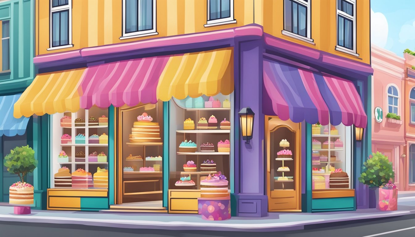 A colorful storefront with a prominent logo, inviting window display of decorated cakes, and a welcoming entrance with a sign displaying the shop's name and slogan