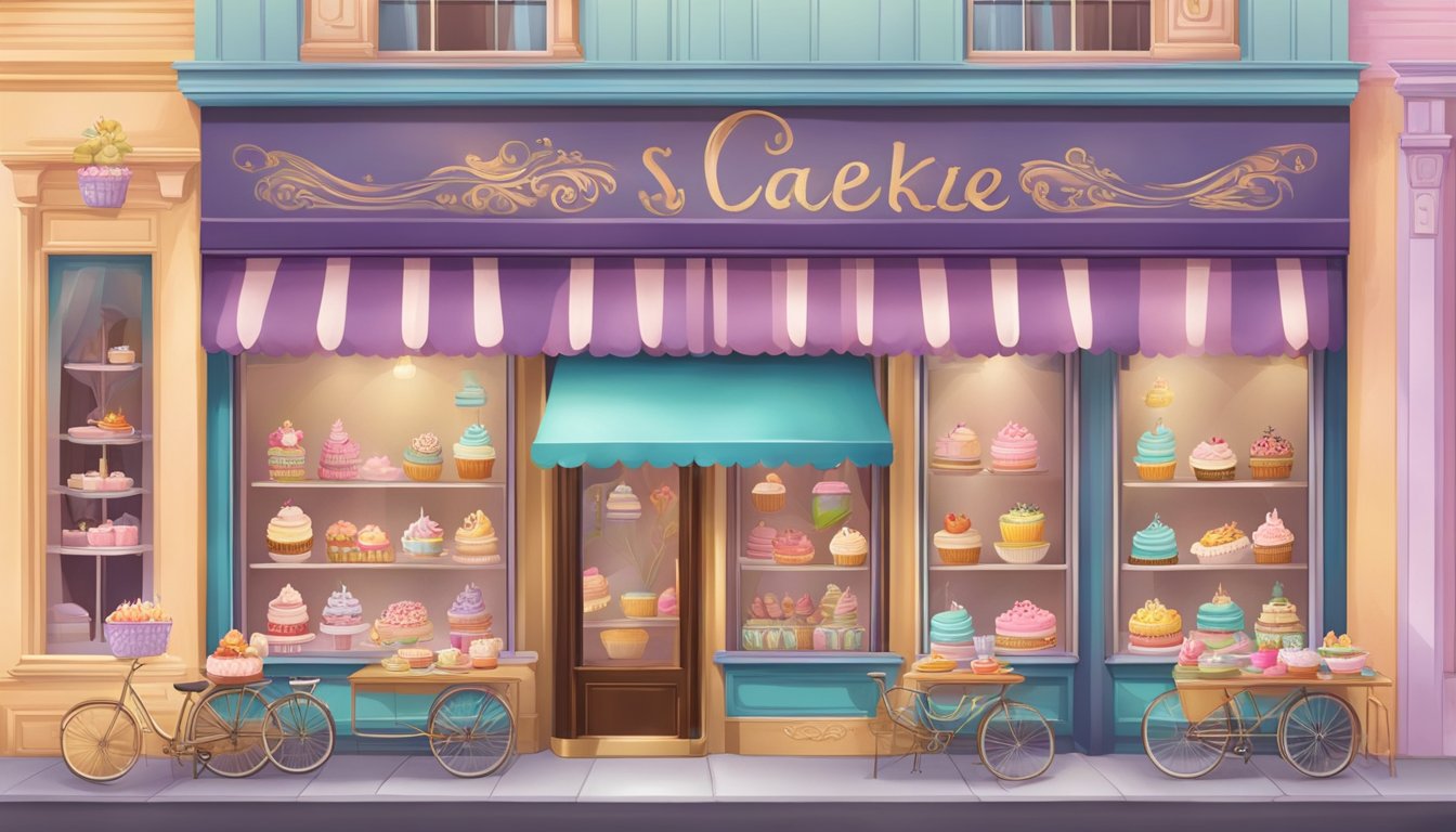 A colorful storefront with a large sign featuring a whimsical cake illustration, surrounded by pastel-colored awnings and window displays of decadent desserts
