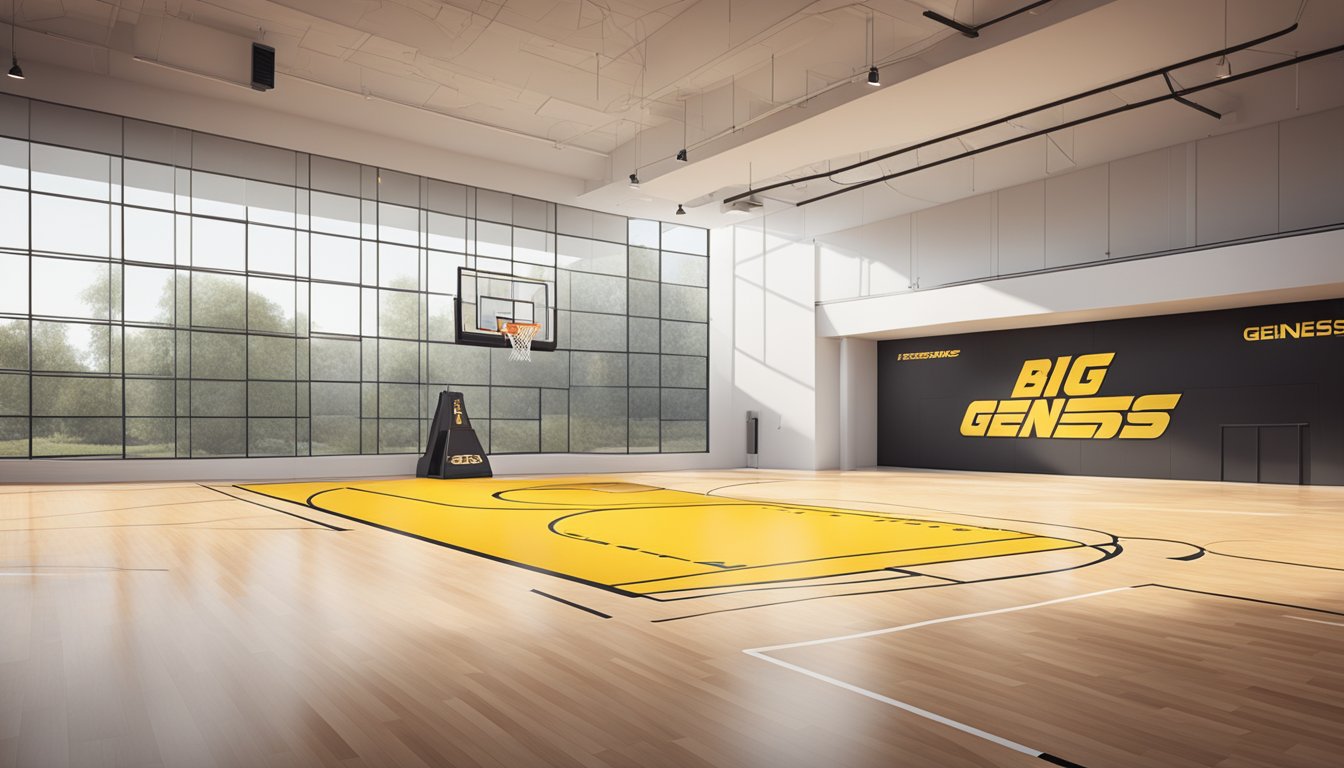 A sleek, modern basketball court with the logos of Brand Genesis and Vision Big Baller Brand prominently displayed on the court floor and surrounding banners