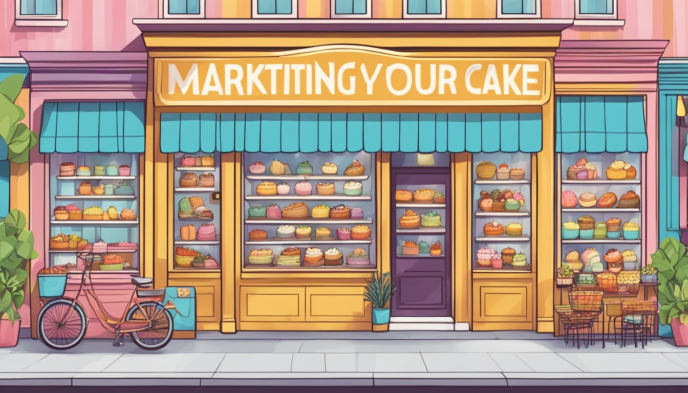 A colorful storefront with a large sign reading "Marketing Your Cake Brand" surrounded by whimsical illustrations of cakes and pastries