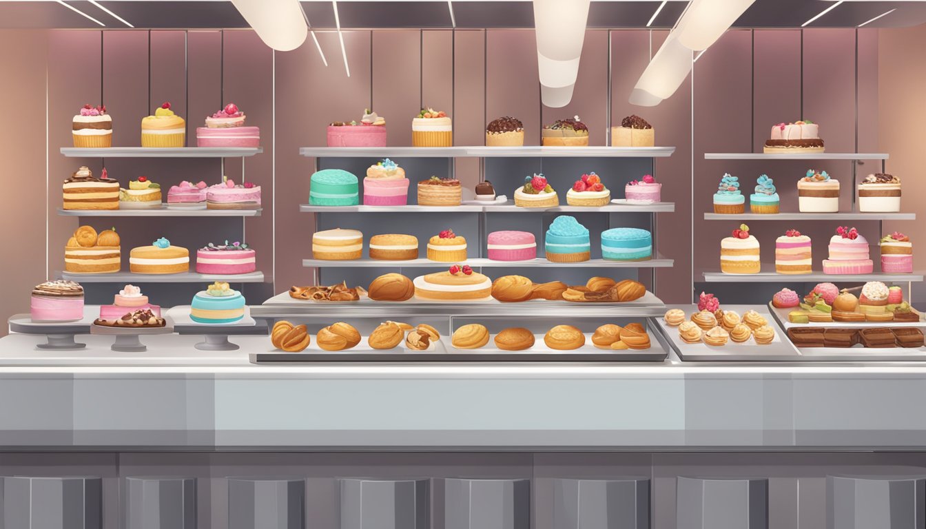 A colorful display of cakes and pastries arranged on a sleek, modern counter with the shop's logo prominently featured