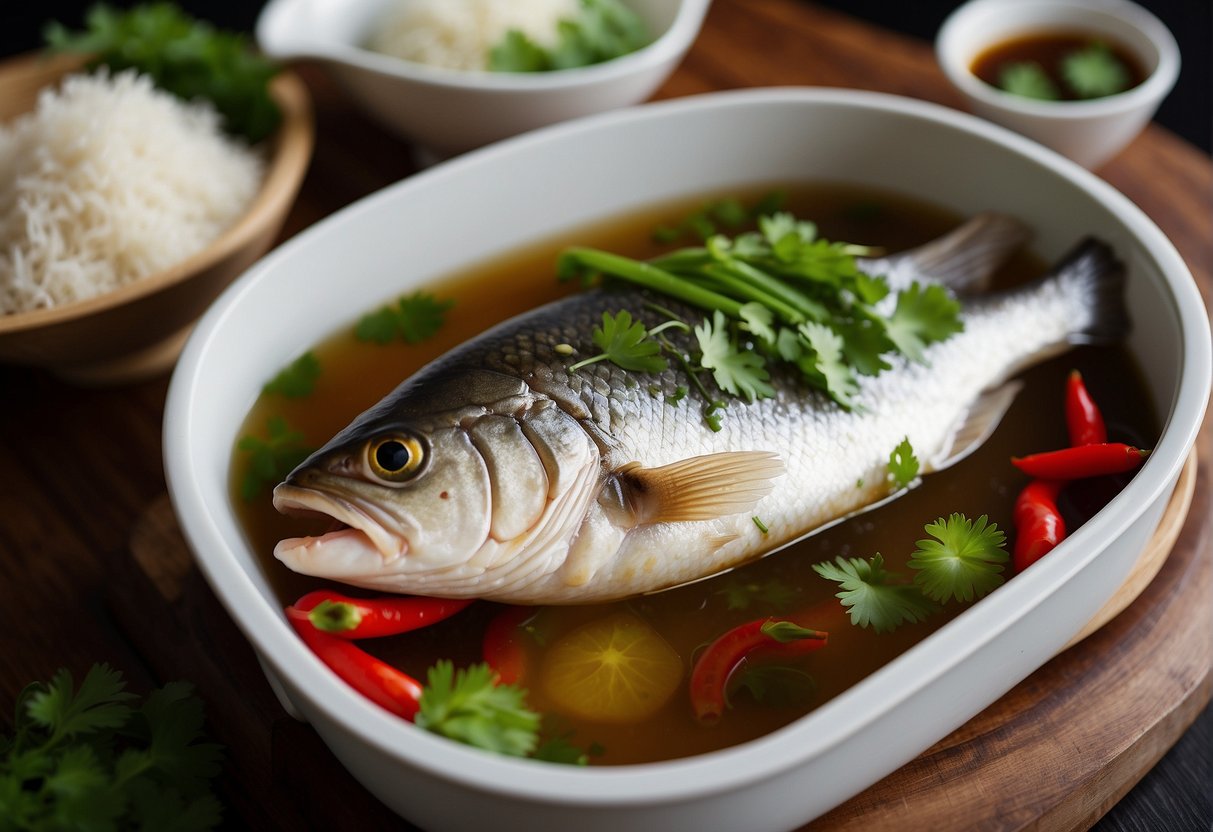 A whole fish, steamed with ginger, scallions, and soy sauce in a bamboo steamer, garnished with fresh cilantro and sliced red chilies