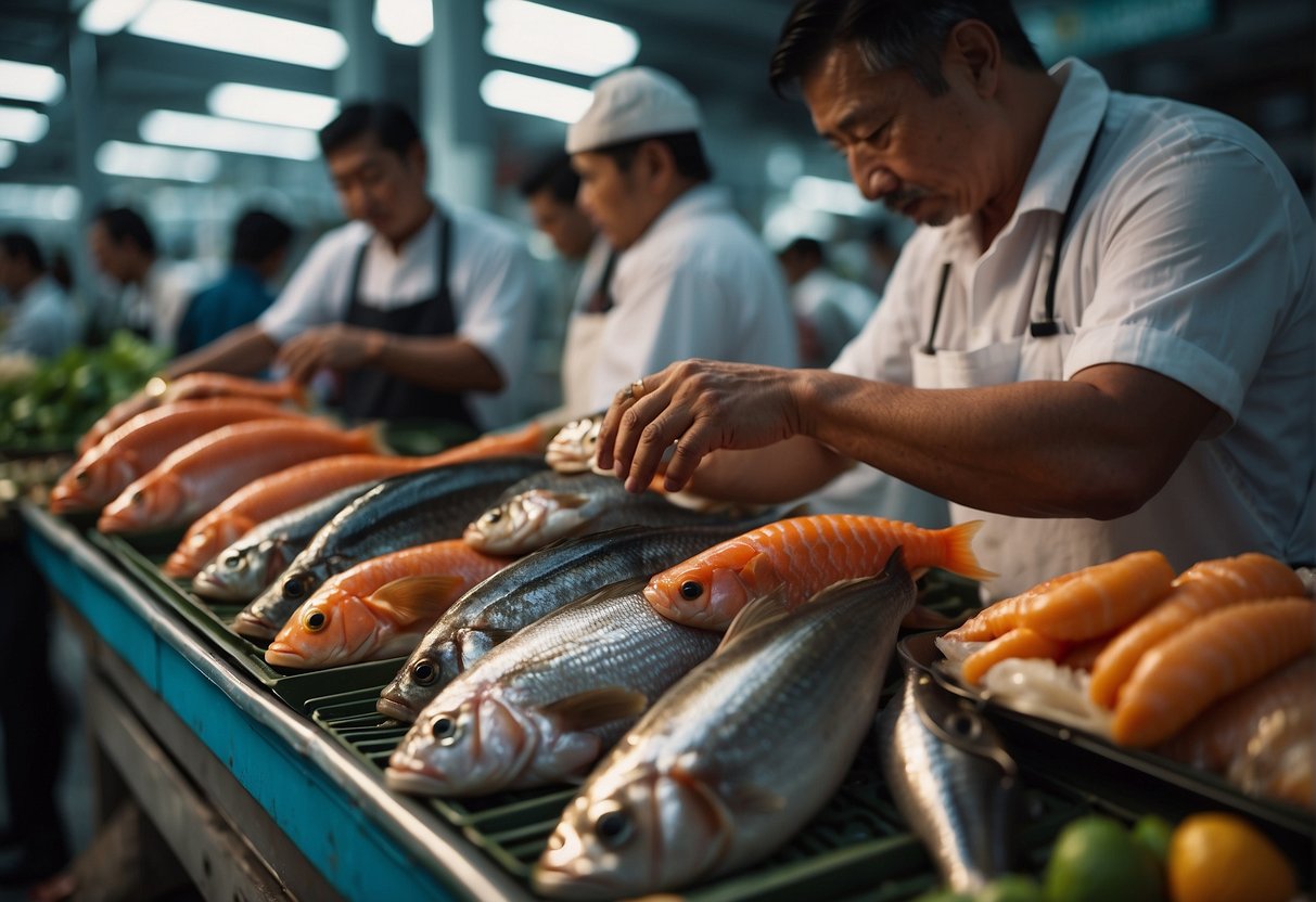 A hand reaches for a fresh fish at a bustling seafood market. The fishmonger carefully inspects its scales and eyes before selecting the perfect specimen for a Chinese steamed fish recipe